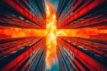 Urban skyscrapers converge on a fiery sunset