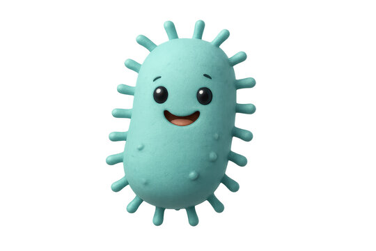 3d medical cartoon bacteria character with happy face, teal color, isolated on transparency background, cute microbe design for educational or healthcare concept