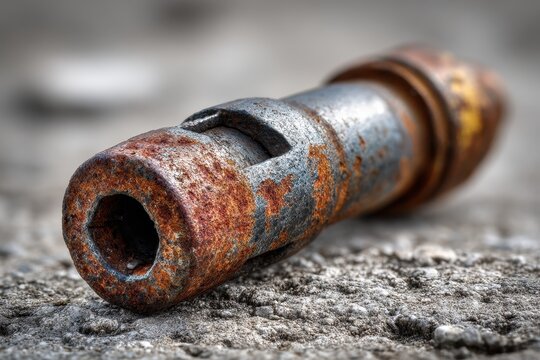 Rusty and Deactivated Landmine Resting on a Concrete Surface
