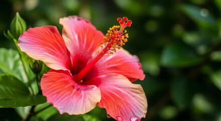 Captivating hibiscus bloom showcases intricate details and vibrant hues against a verdant backdrop
