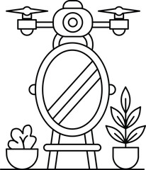 A black and white drawing of a mirror with a plant in front of it