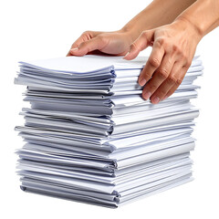Hands holding a large stack of papers documents and files.