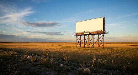 Solitary Billboard Stands Tall in Golden Prairie at Sunset, Blank Canvas Awaits