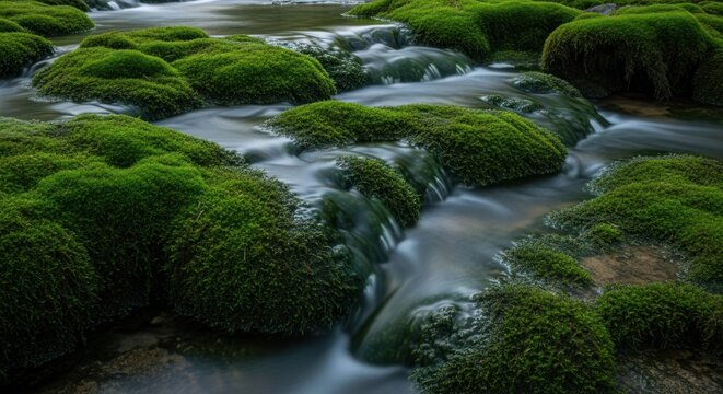 A serene, moss-covered stream with flowing water and green mossy rocks.