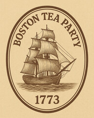 Vintage depiction of the Boston Tea Party showcasing a sailing ship, perfect for historical projects, educational material and designs evoking American heritage