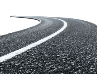 Curved road receding with a single solid white line, black background