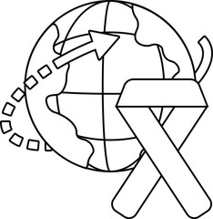 A white and black drawing of a globe with a ribbon on it