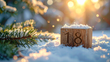 Number 18 on wooden cubes on snowy surface with fir tree branches, cozy festive winter scene.