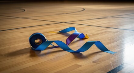 Colorful ribbons on wooden indoor basketball court in natural light