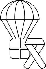 A black and white drawing of a parachute with a box and a ribbon