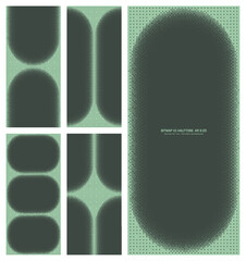 Assorted vector bitmap sage green halftone pattern set in vertical 9:20 aspect ratio including rounded frame and various unique textures. Varied 8 bit retro styled textured design elements bundle