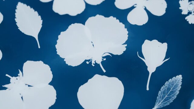 Cyanotype of Flowers and Leaves Floating in Blue Liquid