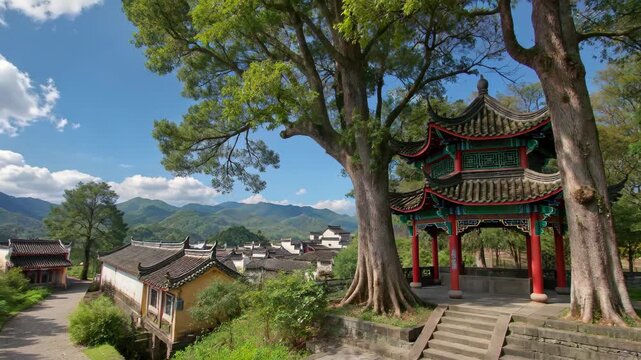 arafed pagoda in a chinese village surrounded by trees and mountains