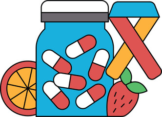 A jar of pills is next to a strawberry and an orange