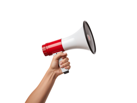 Hand Holding Red and White Megaphone on Black Background for Announcement Communication and Marketing with Copy Space