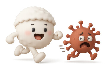 Fototapeta premium 3d medical illustration showing happy white blood cell chasing scared virus character, symbolizing immune response and health protection in playful and cute style