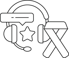 A black and white drawing of a headset with a star and a ribbon