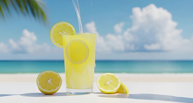 A refreshing glass of lemonade with lemon slices and ice cubes on a white table at the beach animated 4k video