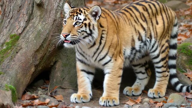 araffe tiger walking in front of a tree in a forest
