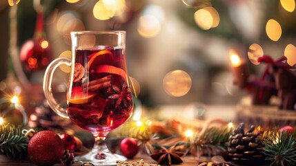 Warm mulled wine served in a festive glass surrounded by Christmas decorations