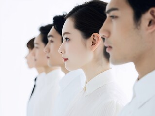 Fototapeta premium 白い背景で横顔を揃えて並ぶ日本人男女ビジネスチームの横向き構図