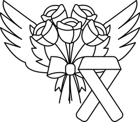 A bouquet of roses is tied with a ribbon and is above a ribbon that says 