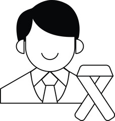 A man wearing a suit and tie is smiling and holding a ribbon