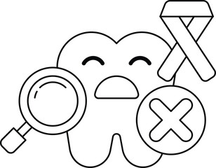 A cartoonish tooth with a magnifying glass on it