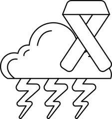 A white and black drawing of a cloud with a lightning bolt and a ribbon