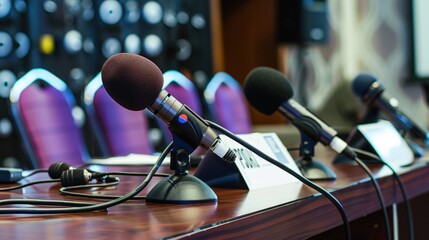 Table with modern microphones for press conference