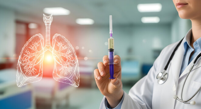 Doctor preparing lung treatment injection with glowing lung diagram - Powered by Adobe