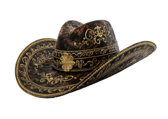 Ornate, dark, textured cowboy hat with gold trim on black background