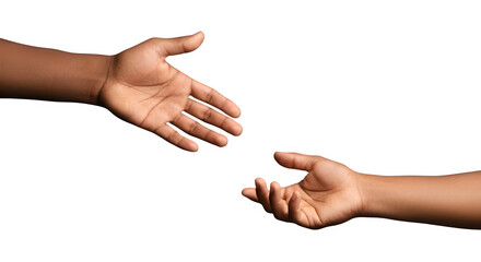 Two dark skin hands reaching towards each other, representing help, assistance, and connection on white background