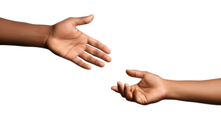 Two dark skin hands reaching towards each other, representing help, assistance, and connection on white background