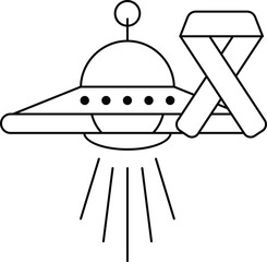 A black and white drawing of a spaceship with a ribbon on it