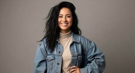 Young Woman Smiling Wearing a Denim Jacket and Turtleneck Sweater