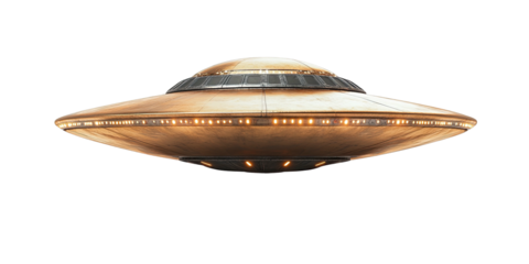 Metallic saucer-shaped UFO with glowing lights, hovering against black