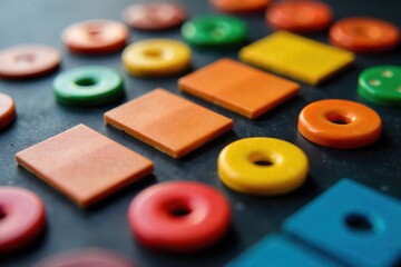 Close up of diverse dice scattered on a textured surface, emphasizing the chance and strategy of games. Close up, high angle macro shot of a variety of twenty sided, six sided, and four sided dice in