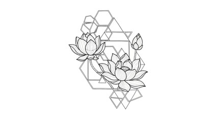 Delicate line art of two lotus flowers and a bud intertwined with a geometric pattern, symbolizing spiritual awakening and balance