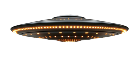 Saucer ship on black with lit windows