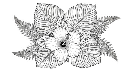 Tropical floral arrangement with hibiscus flower and monstera and fern leaves in a black and white illustration style