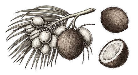 Illustration of a coconut palm branch with coconuts and a whole and halved coconut on a white background