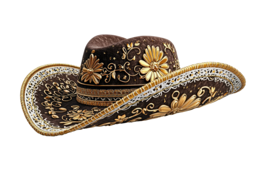 Ornate brown hat with gold floral embroidery on brim and crown