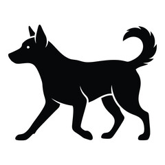 Silhouette of a medium-sized dog walking gracefully in profile view captured in a black raster image silhouette
