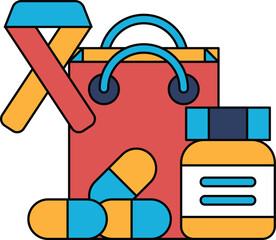 A black and white drawing of a bag with a ribbon and pills