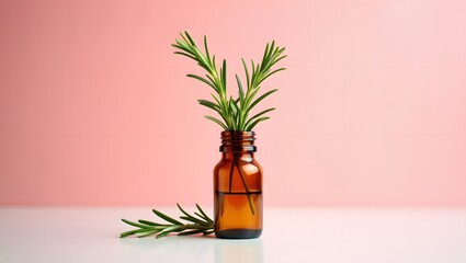Rosemary sprigs in amber bottle against pink background for aromatherapy and natural remedies use