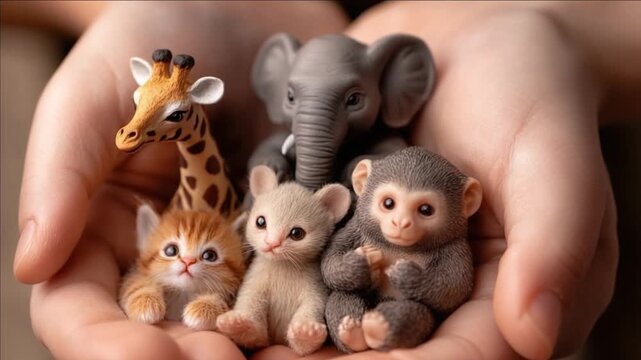 Small Hand Holding Cute Baby Animals Including Giraffe Elephant Monkey and Cat