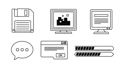 A collection of retro computer and user interface elements in a minimalist black and white line art icon set