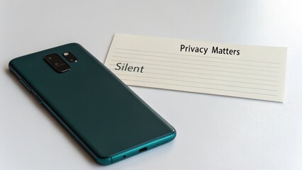 Fototapeta premium Phone laying face down next to a card saying Silent Privacy Matters