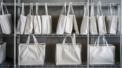 White cotton shopper bags neatly arranged on metal shelves